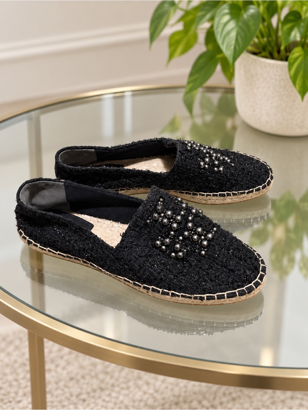 Tory Burch Black Beaded Tweed Espadrilles